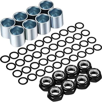 Srutueo 56Pcs Skateboard Truck Hardware Kit Skateboard Spacers Longboard Axle Nuts Skateboard Accessories, silver & black