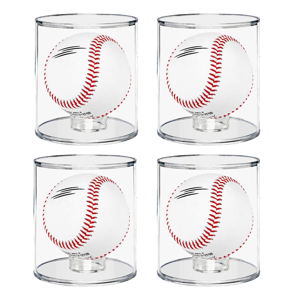 Baseball Display Case Cylinder,Larger Acrylic Display Case 3.5" Dia with Interior Replaceable Baseball Ring Holder & 2 Size-Varied Coin Holders (Round 4 Pack)