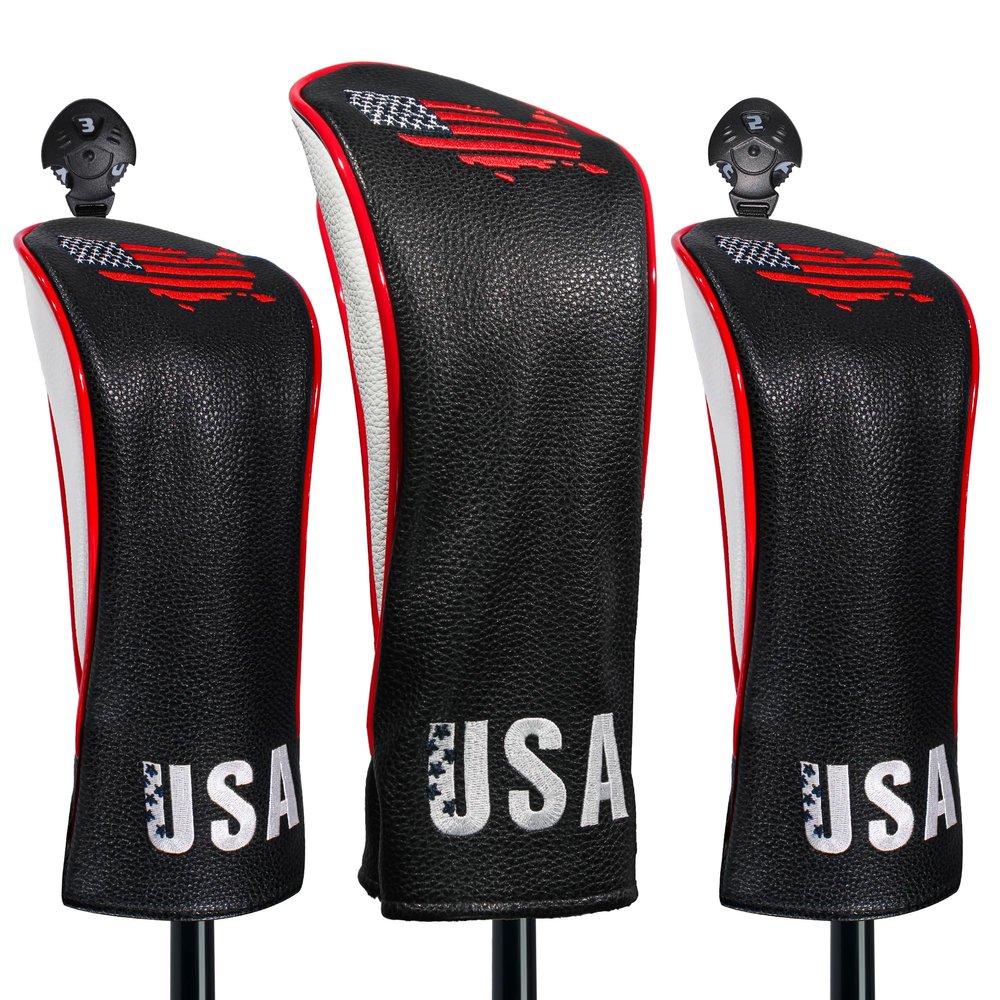 Golf Club Covers,3pcs USA Golf Head Covers for Woods and Driver Fairway for Men Women Golf Enthusiast (Black)