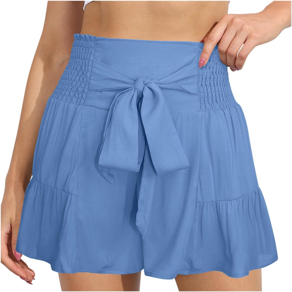 Womens Summer Shorts High Waisted Tie Knot Front Ruffle Hem Lounge Shorts Solid Color Wide Leg Flowy Pajama Shorts