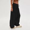 Baggy Harem Pants Women Drawstring Elastic Waist Wide Leg Hippie Beach Pants Relaxed Fit Lounge Pants with Pockets Black view 2
