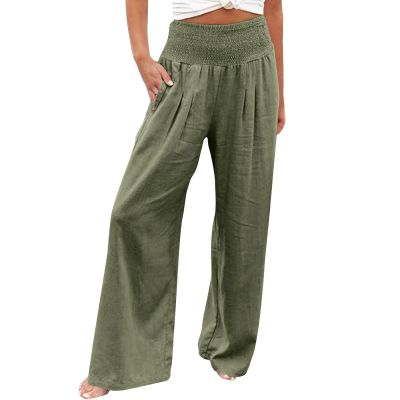 Flowy Pleated Beach Pants for Women Summer Casual High Waist Wide Leg Palazzo Pants Comfy Loose Pajama Lounge Pants