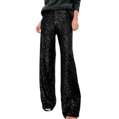 Womens Sequin Pants Loose Fit Flowy Sparkly Glitter Shiny Metallic Elastic Waist Wide Leg Pants Trousers Clubwear