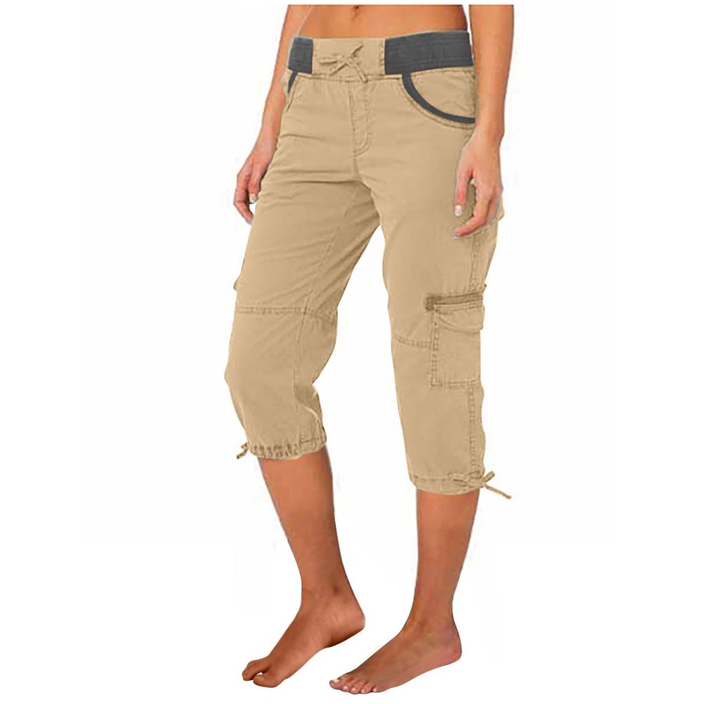 Womens Capris Cargo Hiking Pants Casual Cotton Linen Pants Outdoor Elastic Waist Straight Leg Sweatpants with Pockets Khaki