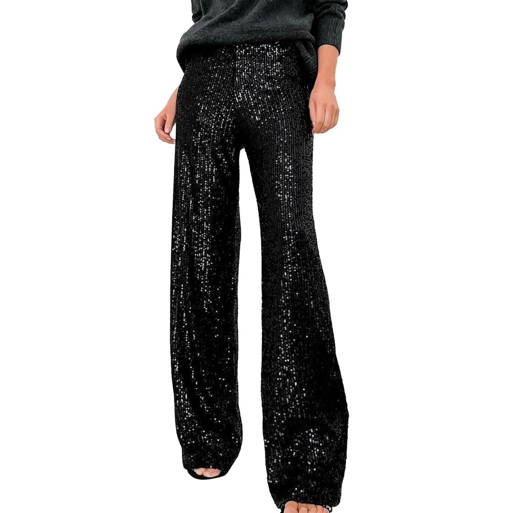 Womens Sequin Pants Loose Fit Flowy Sparkly Glitter Shiny Metallic Elastic Waist Wide Leg Pants Trousers Clubwear