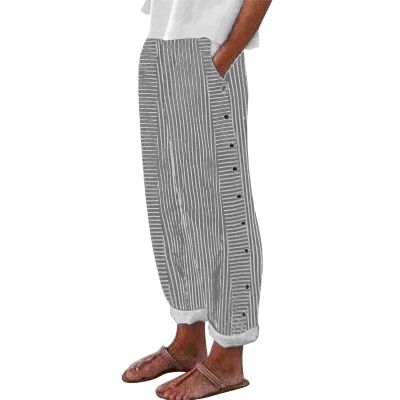 Womens Striped Linen Pants Summer High Waisted Straight Leg Cotton Linen Beach Pants Casual Button Capris Trousers Black