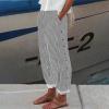 Womens Striped Linen Pants Summer High Waisted Straight Leg Cotton Linen Beach Pants Casual Button Capris Trousers Black view 2