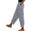 Striped Linen Pants Women Casual Summer Elastic High Waist Relaxed Fit Lightweight Capris Trousers with Pockets Blue view 1