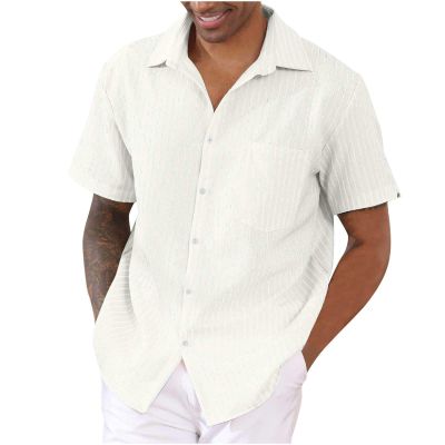 QWENTMTNTY Mens Short Sleeve Button Down Shirts Casual Linen Shirts for Men Big and Tall Fashion Summer Shirt Beach Vacation Essentials A-White