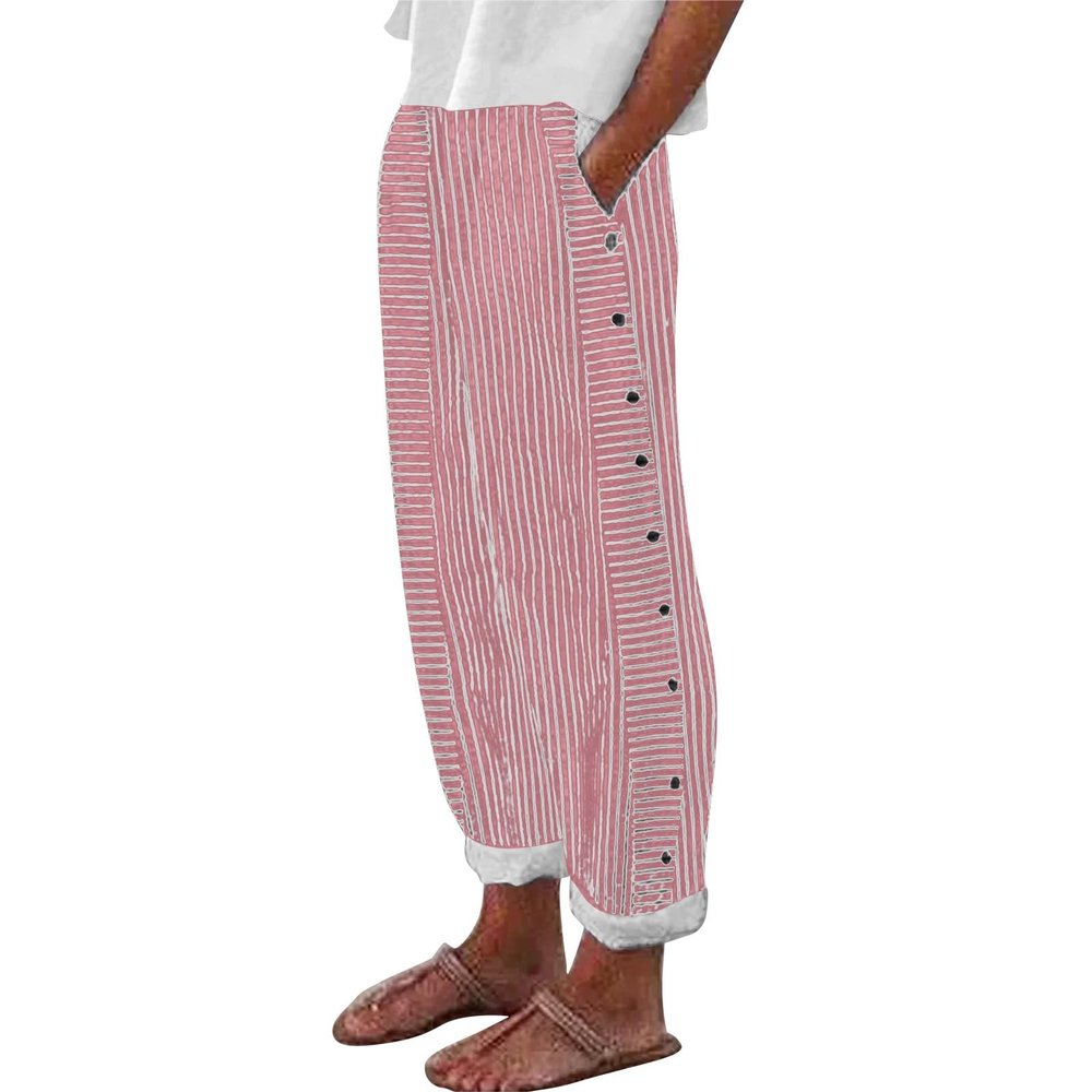 Womens Striped Linen Pants Summer High Waisted Straight Leg Cotton Linen Beach Pants Casual Button Capris Trousers Red