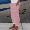 Womens Striped Linen Pants Summer High Waisted Straight Leg Cotton Linen Beach Pants Casual Button Capris Trousers Red view 2