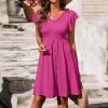 Womens Summer V Neck Dresses Casual Ruffle Short Sleeve Mini Dress Flowy Swing Cocktail Wedding Guest Dresses for Women Hot Pink view 3