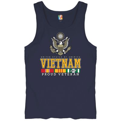 Vietnam War Proud Veteran Tank Top American Army Vet Saigon Serve Defend Freedom DD 214 Soldier Patriotic Men's Top Navy Blue X-Large