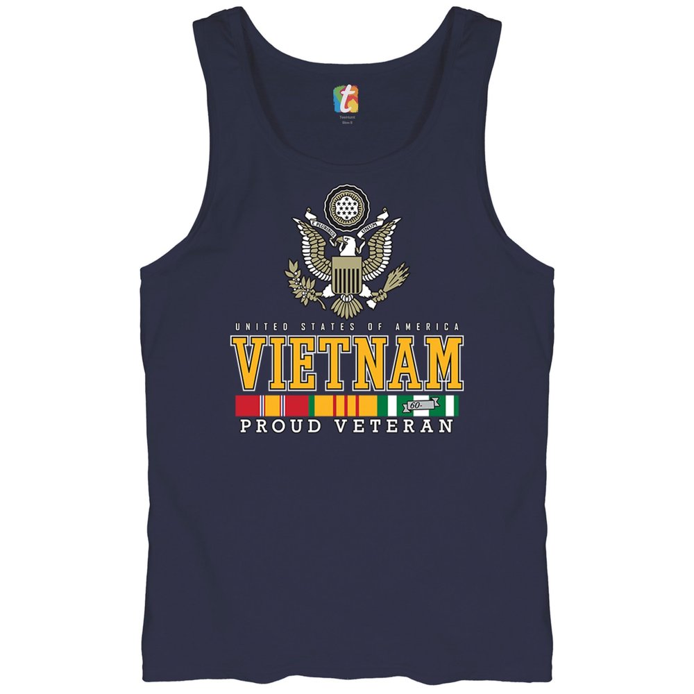 Vietnam War Proud Veteran Tank Top American Army Vet Saigon Serve Defend Freedom DD 214 Soldier Patriotic Men's Top Navy Blue X-Large