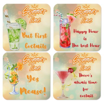 Print Coasters | Summertime Coctails | Square | Without Holder | Cork | Set of 4 | 3.93 x 3.93 in