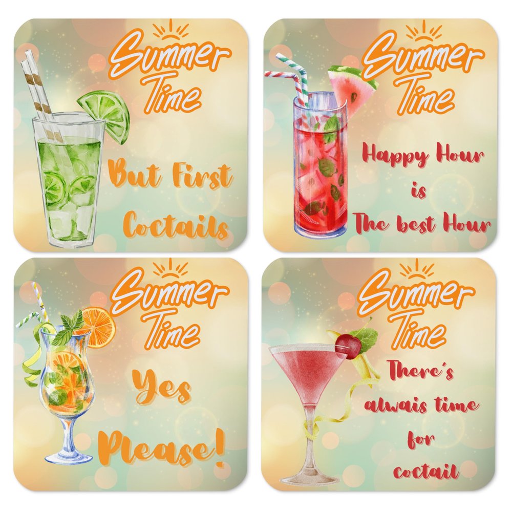 Print Coasters | Summertime Coctails | Square | Without Holder | Cork | Set of 4 | 3.93 x 3.93 in