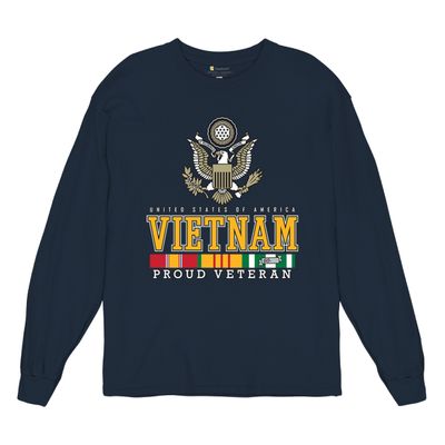Vietnam War Proud Veteran Long Sleeve T-Shirt American Army Vet Saigon Serve Defend Freedom DD 214 Soldier Patriotic Navy Blue 3X-Large