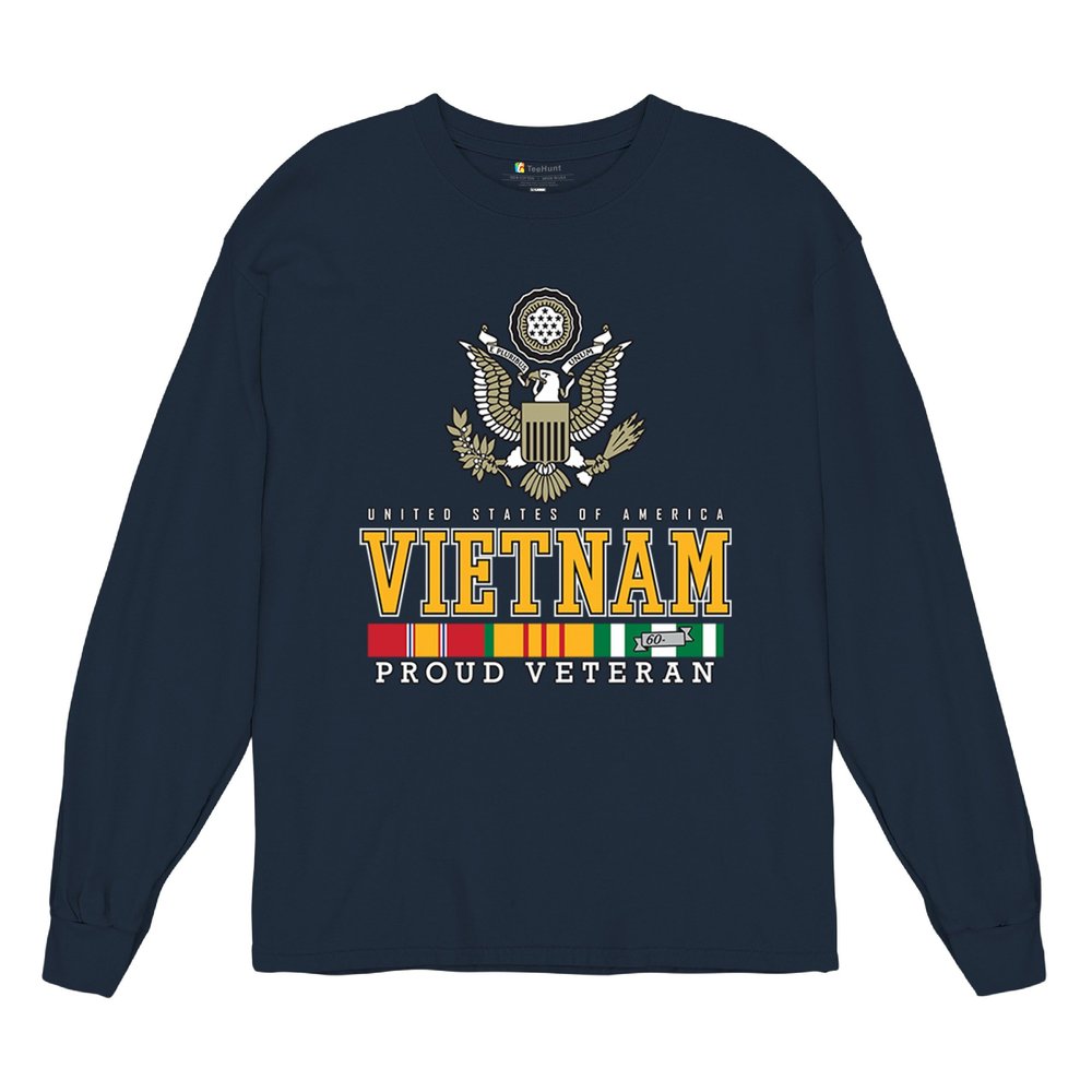 Vietnam War Proud Veteran Long Sleeve T-Shirt American Army Vet Saigon Serve Defend Freedom DD 214 Soldier Patriotic Navy Blue 3X-Large