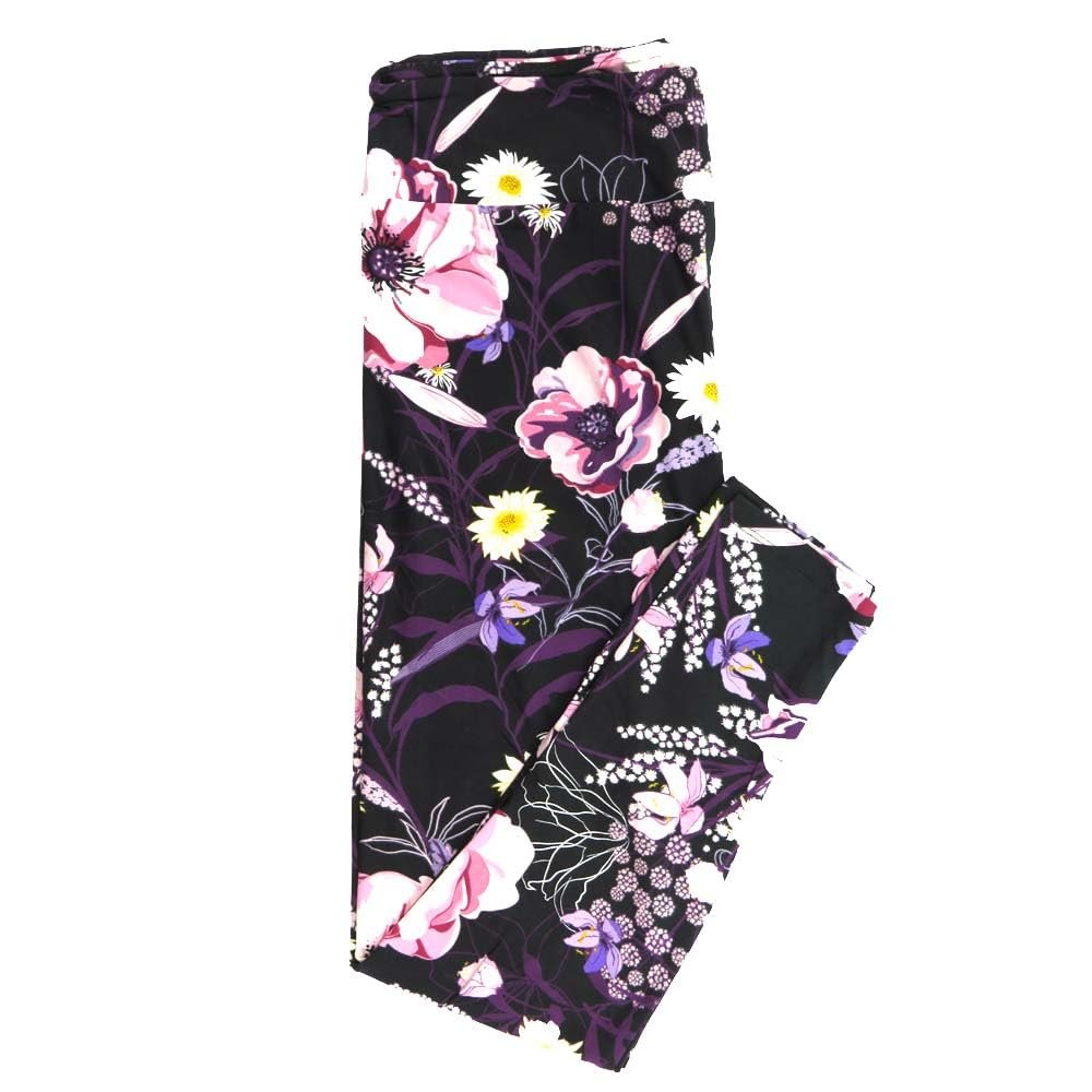Lularoe Tall Curvy (TC fits Sizes 12-18) Floral Hibiscus Babies Breath Black Purple White Yellow Buttery Soft Adult Leggings