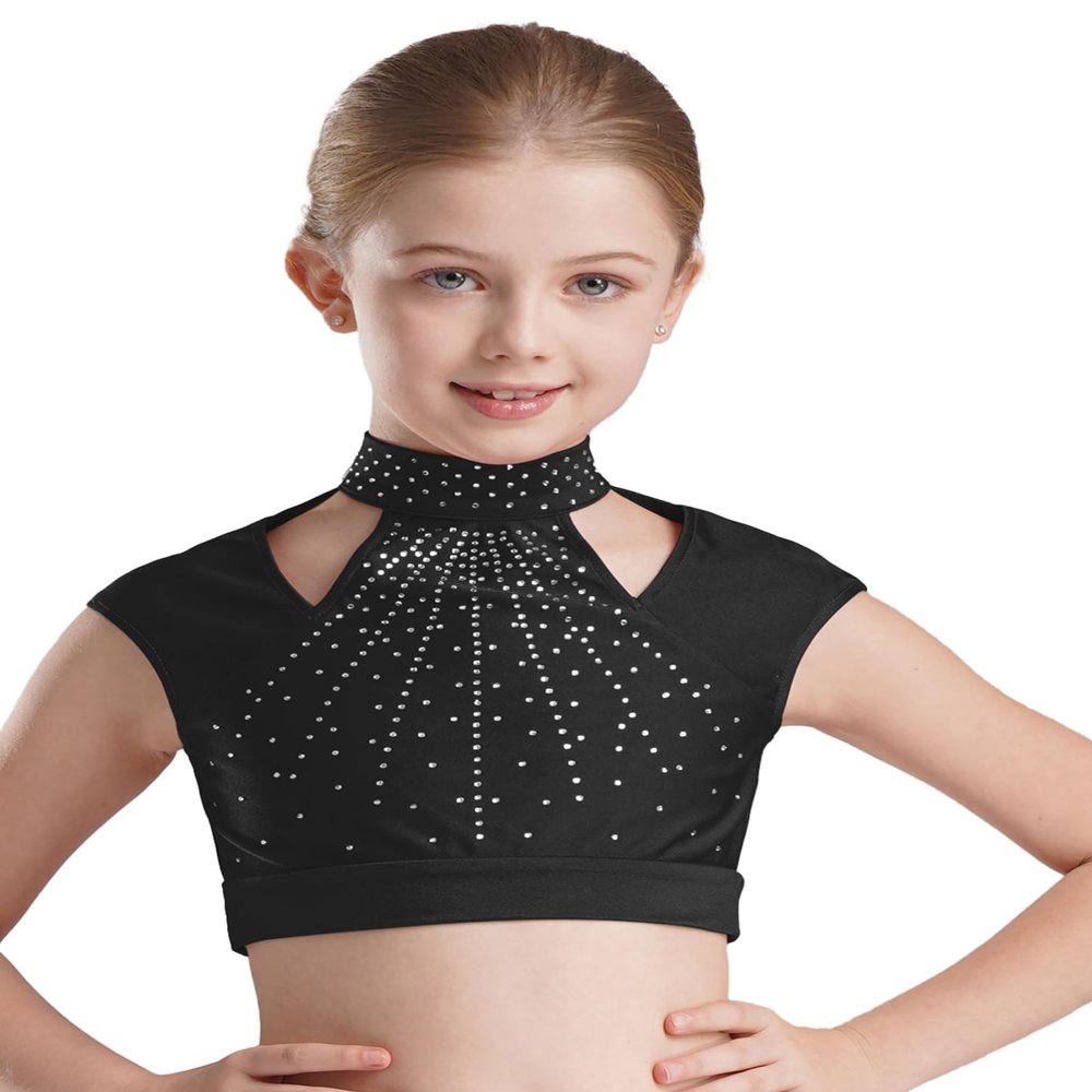 Aislor Kids Girls Ballet Dance Crop Top Sleeveless Cutout Shiny Rhinestone Athletic Gymnastic Sports Shirt Dancewear Black 10 Years
