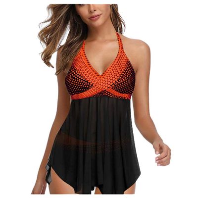 Bikini Sets for Women Swim Dress for Women with Swim Shorts Modest Mesh Flowy Floral Swimwear 2 Piece Tankini Swimsuits Halter Bathing Suit Orange