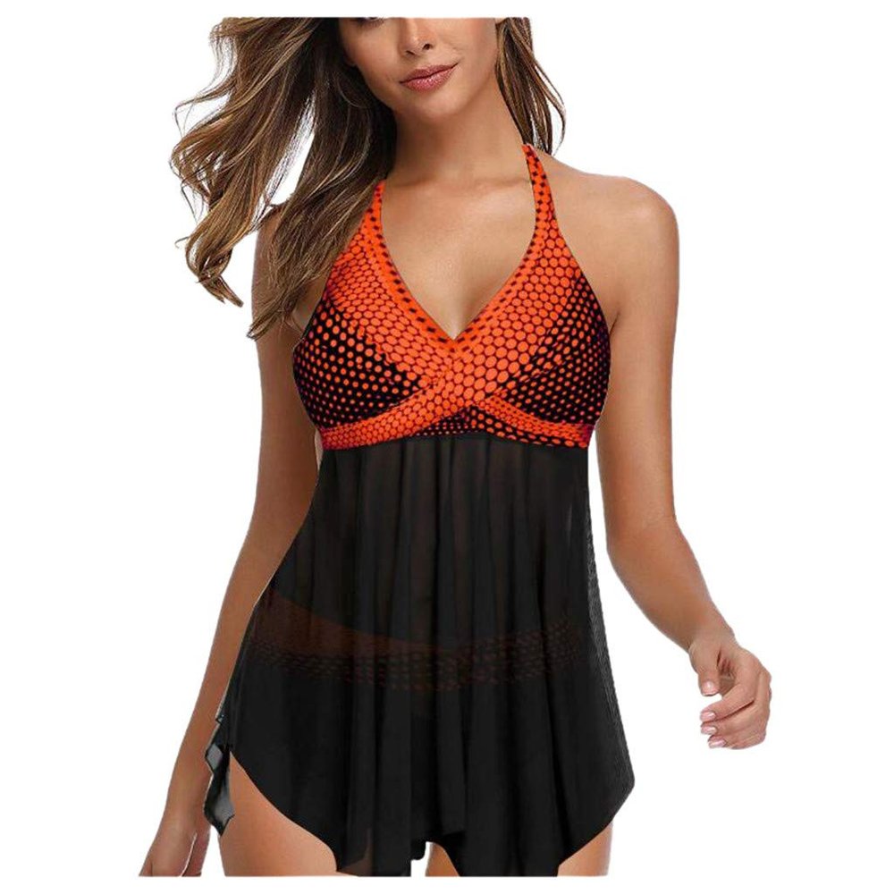 Bikini Sets for Women Swim Dress for Women with Swim Shorts Modest Mesh Flowy Floral Swimwear 2 Piece Tankini Swimsuits Halter Bathing Suit Orange