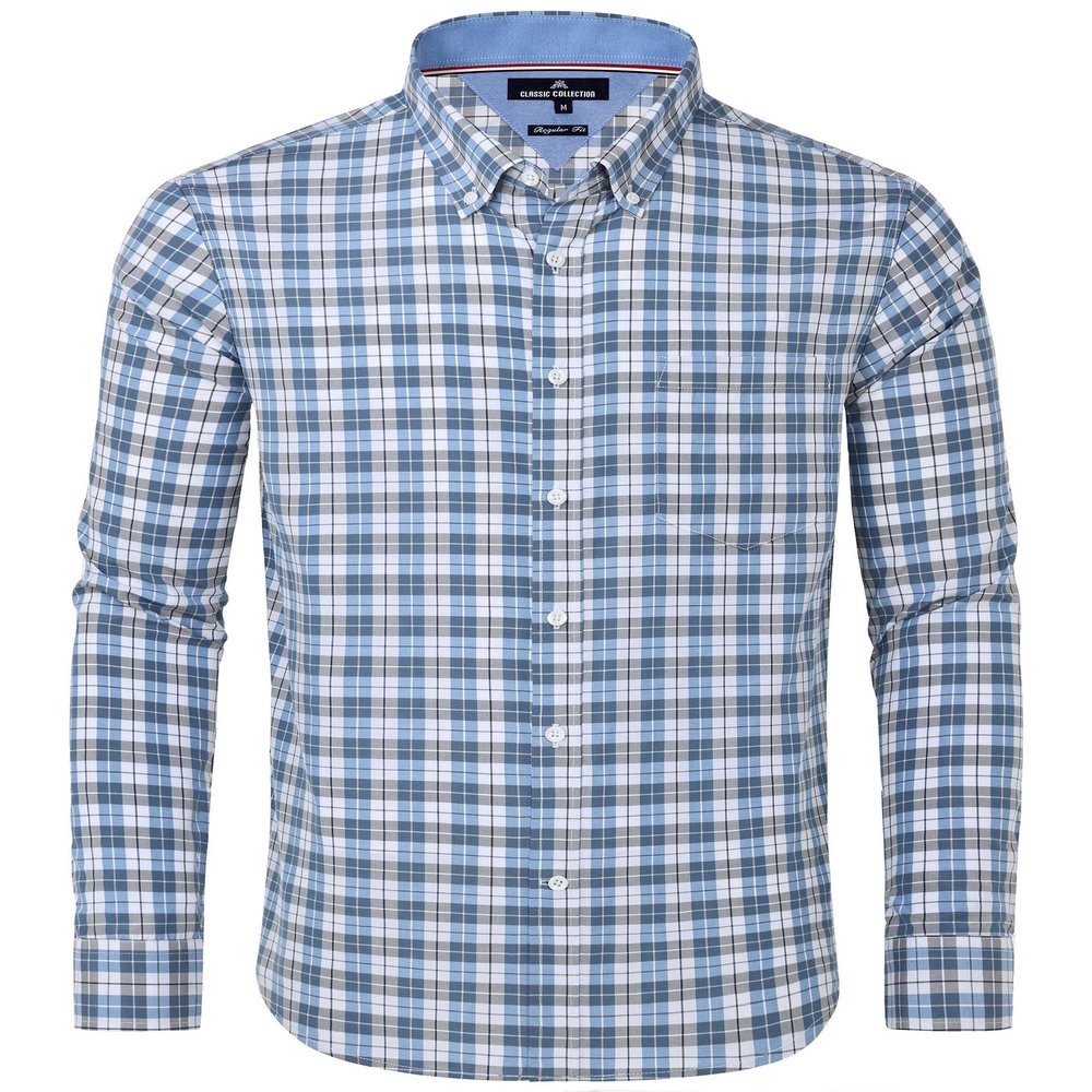 Alimens & Gentle Dress Shirt for Men Blue Plaid Checked Button Up Shirts with Pocket Meeting Dating Outdoor Gingham Shirt