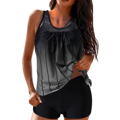 Uillui Beach Resort Outfits for Women 2024 Two Piece Blouson Tankini Swimsuits Modest Striped Printed Push up Swim Tankini Top with Shorts Athletic Bathing Suit Gray