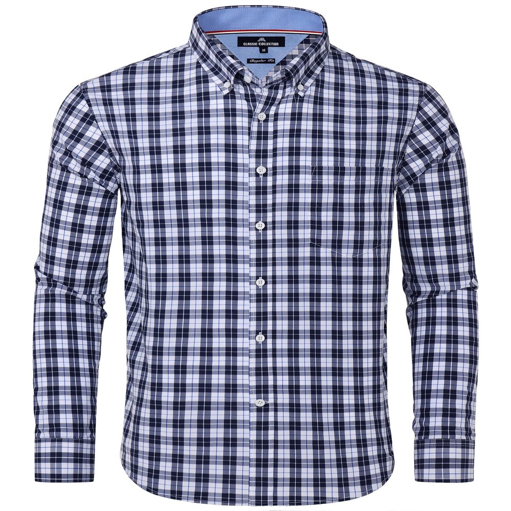 Alimens & Gentle Mens Plaid Shirts Navy Plaid Regular Fit Dressy Button Down Shirt with Pocket Formal Commuting Dress Shirts