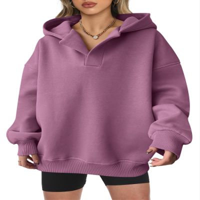 ANRABESS Womens Oversized Hoodies V Neck Sweatshirts Fleece Long Sleeve Pullover Y2K Clothes 2025 Fall Trendy Outfits Dark Pink L