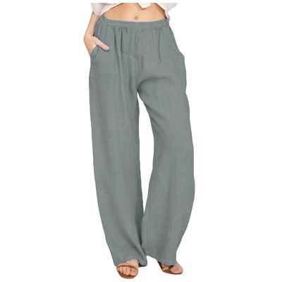 NineFit Basics Womens Casual Loose Elastic Waist Trouser Cropped Wide Leg Pants Summer Wide Leg Cropped Pants Ladies Elastic Waist Cotton Linen Pants Trousers, X-Large, 3-gray