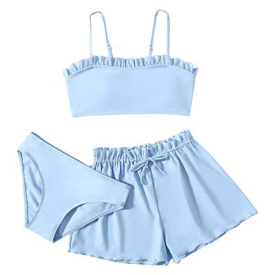 NineFit Basics Girl's 3 Piece Bikini Set Swimsuit Bathing Suit with Shorts Swimsuit for Teens Teen Swimsuits Teen Girl Bikini Blue, 8-10 Years