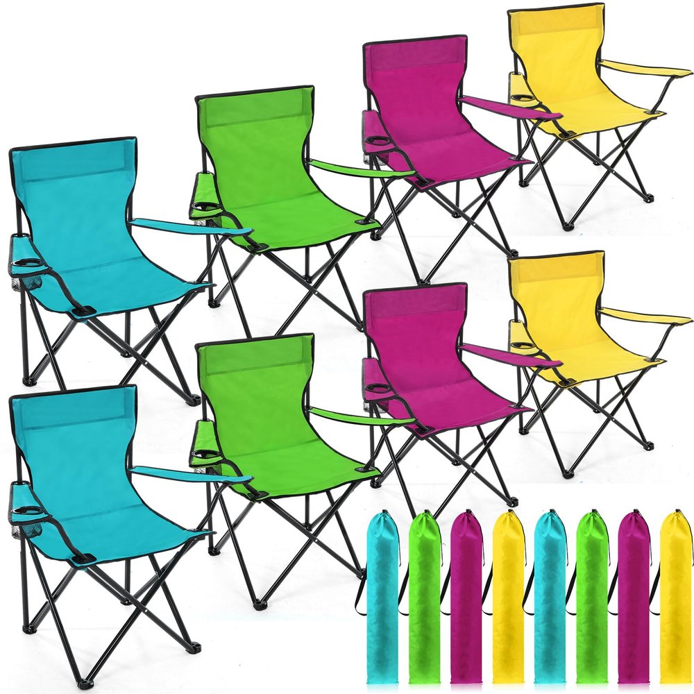 Anglechic 8 Pcs Folding Camping Chairs with Cupholder and Carry Bag Regular Size Portable Lightweight Lawn Chair with Mesh Side Pocket for Fishing Hiking Picnic Beach Outdoor Party (Stylish)