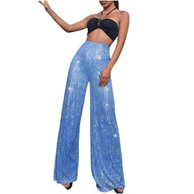 Akklian Fashion Elegant Flare Long Pants Glitter High Waisted Wide Leg Bell Bottom Palazzo Trouser Y2k Sparkly Pant for Party Sky Blue