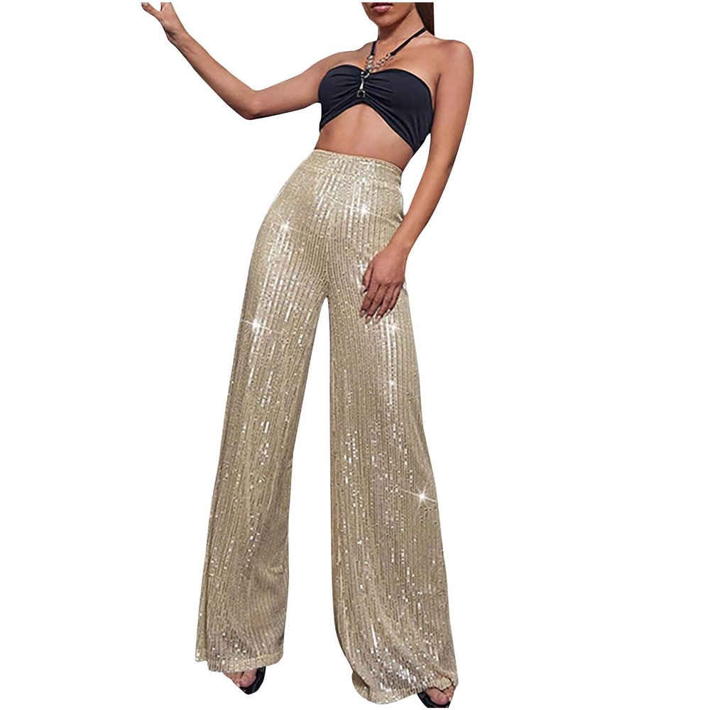 Akklian Fashion Elegant Flare Long Pants Glitter High Waisted Wide Leg Bell Bottom Palazzo Trouser Y2k Sparkly Pant for Party Beige