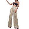 Akklian Fashion Elegant Flare Long Pants Glitter High Waisted Wide Leg Bell Bottom Palazzo Trouser Y2k Sparkly Pant for Party Beige view 1