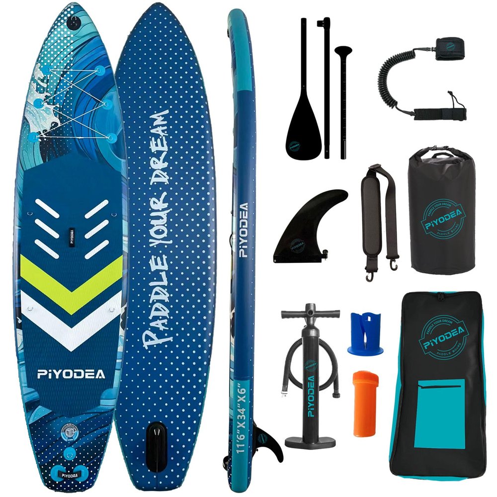 PIYODEA Paddle Boards for Adults, Inflatable Paddle Board, Blow Up Paddle Board, Super Wide 11'6" Non Slip EVA, Sup Board with Removable Fins, Adjustable Paddle, Pump, Shoulder Strap, Leash, Blue