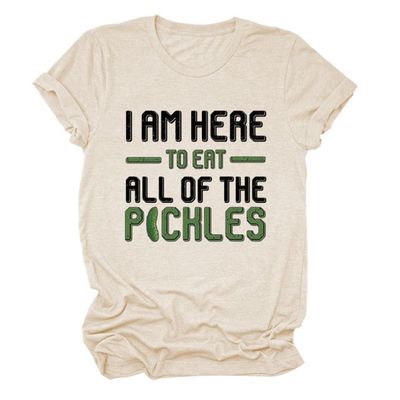 Pickle Lover Shirt for Women Funny Saying Graphic Tees Round Neck Short Sleeve Novelty T-Shirt Casual Tops Beige