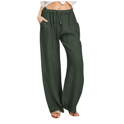 Women Linen Flowy Work Pant Trousers Summer Linen Pants Drawstring High Waist Palazzo Flowy Beach Trousers with Pockets Casual Cropped Elastic Waist Boho Beach Loose Fit Tapered Capris Pants