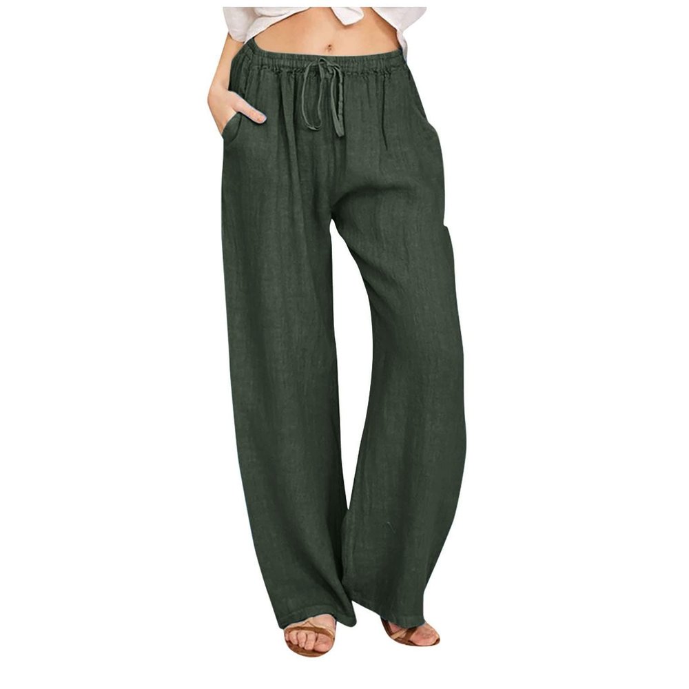 Women Linen Flowy Work Pant Trousers Summer Linen Pants Drawstring High Waist Palazzo Flowy Beach Trousers with Pockets Casual Cropped Elastic Waist Boho Beach Loose Fit Tapered Capris Pants