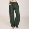 Women Linen Flowy Work Pant Trousers Summer Linen Pants Drawstring High Waist Palazzo Flowy Beach Trousers with Pockets Casual Cropped Elastic Waist Boho Beach Loose Fit Tapered Capris Pants view 2