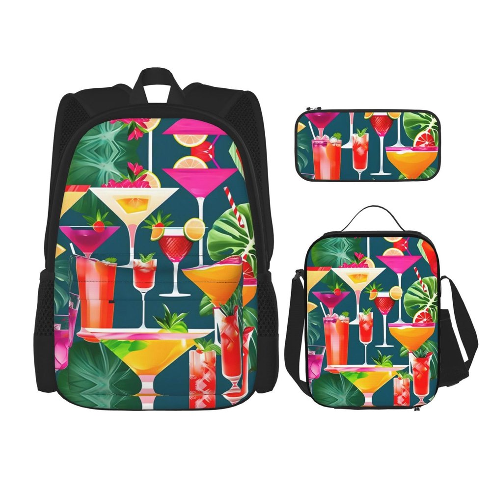 DRTGEDS 3pcs Backpack Sets, Tropical Cocktail Printed Backpacks Set With Lunch Bag Pencil Pouch