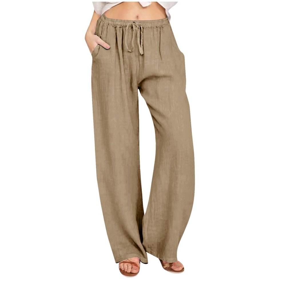 Woemns Summer Fashion Linen Wide Leg Lounge Pants Flowy Boho Pants for Beach Vacation Palazzo Boho Wide Leg Smocked High Waisted Casual Long Trousers