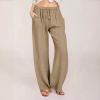 Woemns Summer Fashion Linen Wide Leg Lounge Pants Flowy Boho Pants for Beach Vacation Palazzo Boho Wide Leg Smocked High Waisted Casual Long Trousers view 2