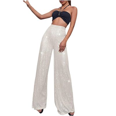 Akklian Fashion Elegant Flare Long Pants Glitter High Waisted Wide Leg Bell Bottom Palazzo Trouser Y2k Sparkly Pant for Party Silver