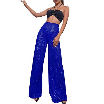 Akklian Fashion Elegant Flare Long Pants Glitter High Waisted Wide Leg Bell Bottom Palazzo Trouser Y2k Sparkly Pant for Party Blue