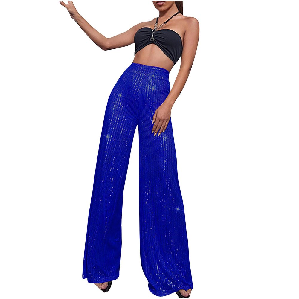 Akklian Fashion Elegant Flare Long Pants Glitter High Waisted Wide Leg Bell Bottom Palazzo Trouser Y2k Sparkly Pant for Party Blue
