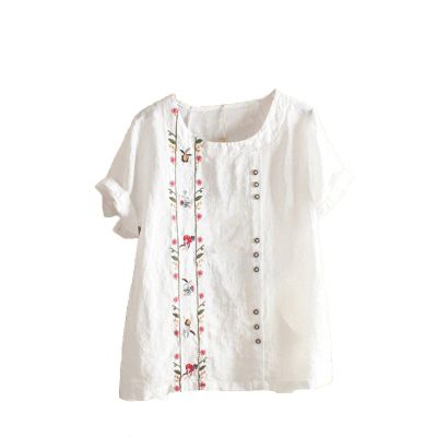 KICILVS Womens Summer Tops Casual Cotton Linen T Shirts Short Sleeve Round Neck Shirt Oversized Floral Graphic Tees, 4X-Large