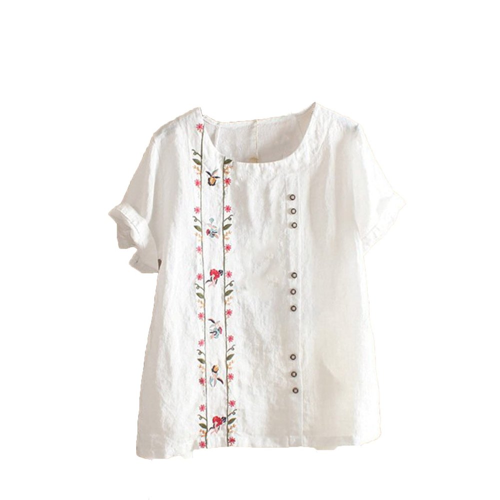 KICILVS Womens Summer Tops Casual Cotton Linen T Shirts Short Sleeve Round Neck Shirt Oversized Floral Graphic Tees, 4X-Large