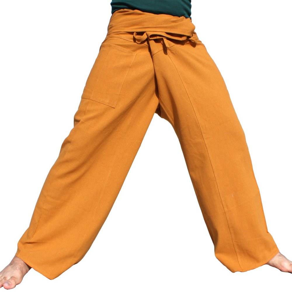 RaanPahMuang Thai Fisherman Pants Loose Yoga, Pirate, Harem, 100% Cotton, Unisex Mens Womens Kimono, XX-Large-3X-Large, Bright Light Brown